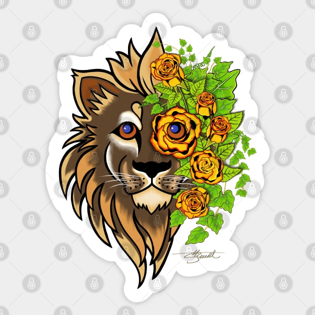 Lion with Roses Sticker by Christopher Bendt